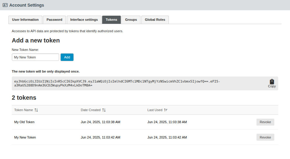CFG api token account display auto